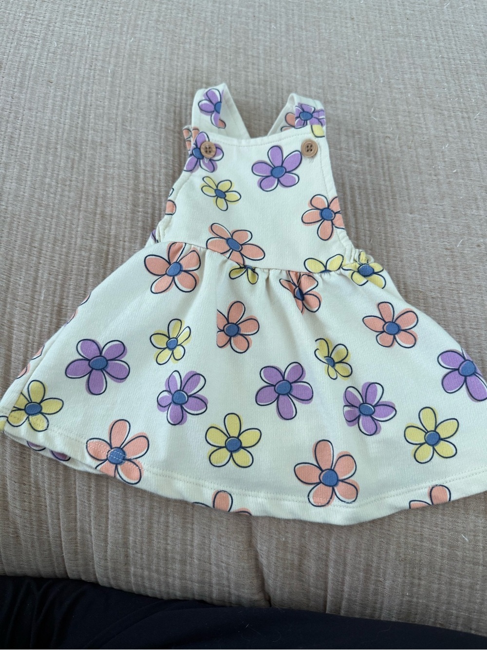 Cream Floral Pinafore Dress for Kids - Purple, Peach & Yellow Flowers